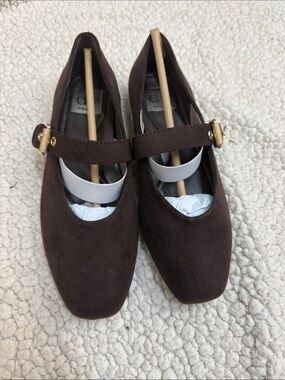 Dolce Vita Mulaney Dark Brown Suede Mary Jane Flats with Gold Buckle